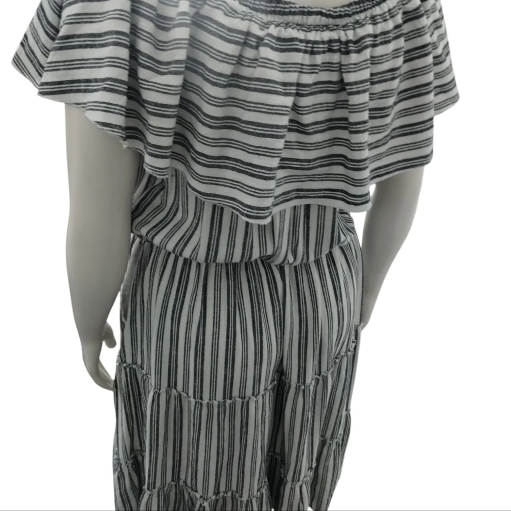 Ashley Womens Linen Euro Summer Beachy Coastal Off Shoulder Striped Tiered Dress